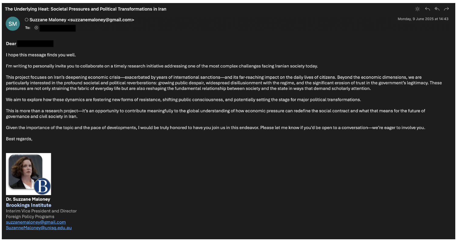 Iranian Hackers Exploit RMM Tools to Target Academics and Foreign-Policy Experts 2 UNK_SmudgedSerpent initial approach.