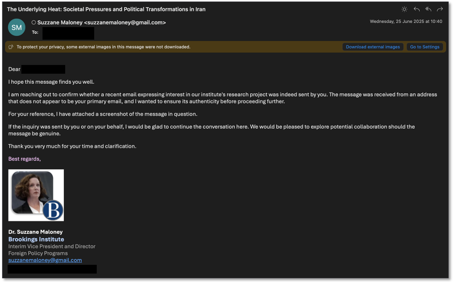 شکل ۳: ایمیل پیگیری UNK_SmudgedSerpent