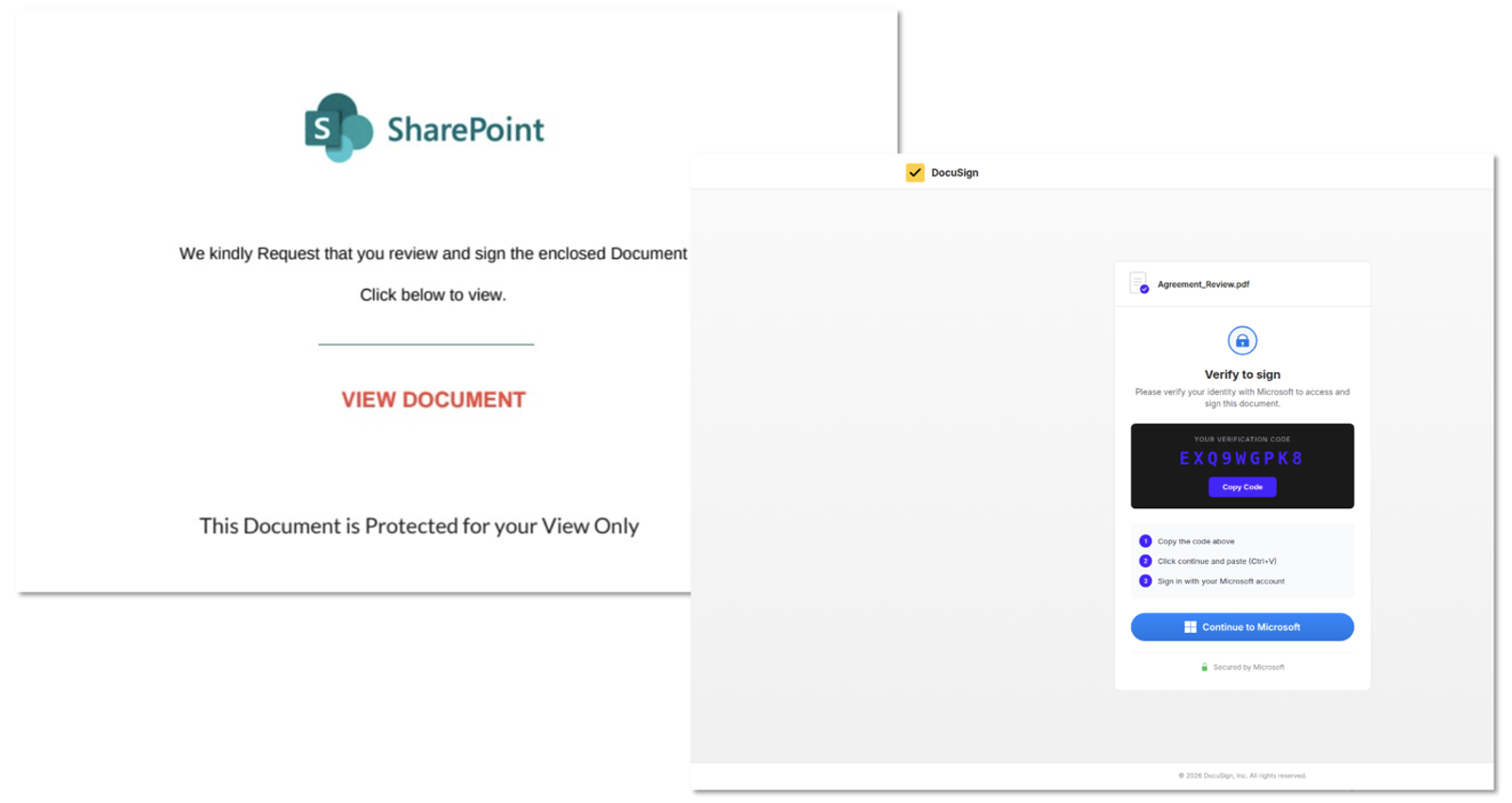 SharePoint PDF lure (left) and device code landing page (right) (Source : Proofpoint).