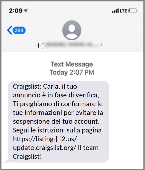 Un esempio di messaggio di spear-SMiShing personalizzato