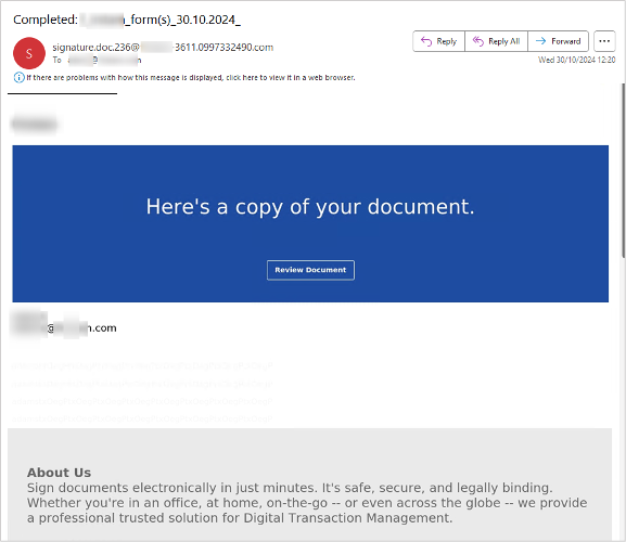 Mensaje de DocuSign falso recibido por el usuario.