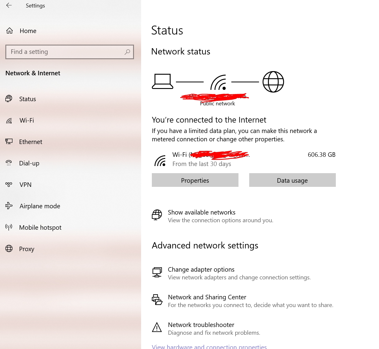 Écran de configuration de l'état du réseau Windows pour se connecter au VPN SSTP