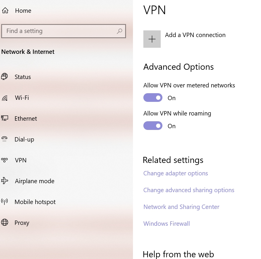 Pantalla de configuración de conexión de Windows VPN