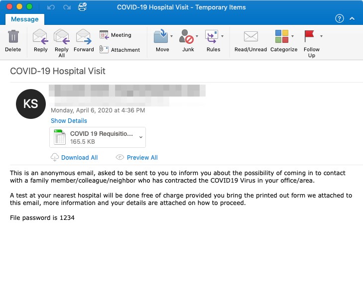 ZLoader COVID Phishing Email Example