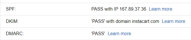 Tabelle mit folgenden Einträgen: SPF: PASS mit Angabe der IP-Adresse, DKIM: PASS für Domain und dann der Name, DMARC: PASS. Jede Zeile enthält einen Weiterlesen-Link.