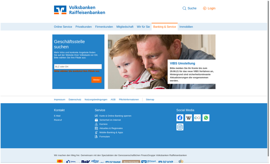 Screenshot einer gefälschten Volksbank-Website