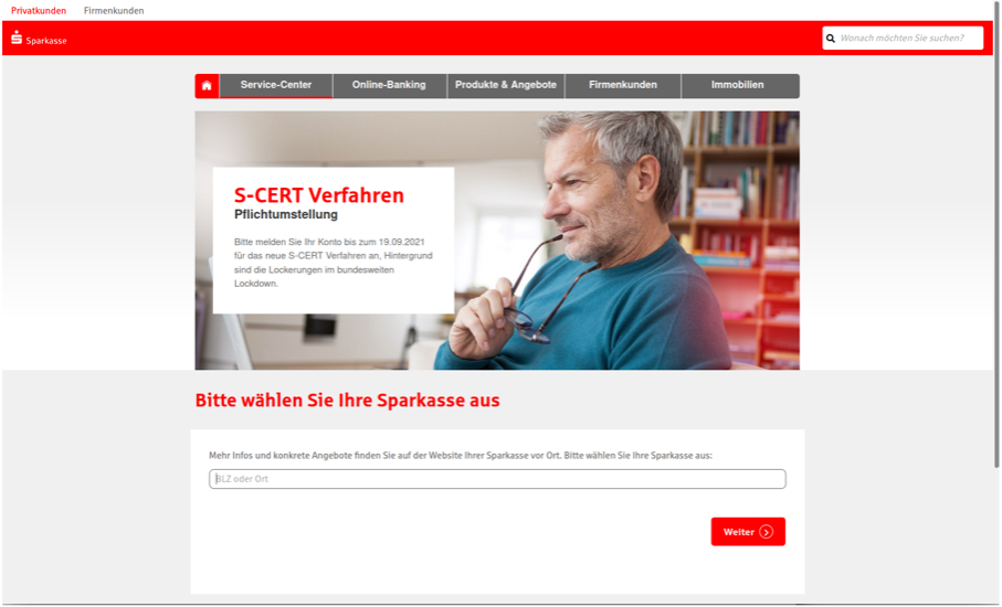 Screenshot einer gefälschten Sparkassen-Website