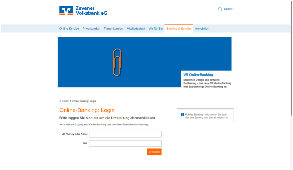 Screenshot einer gefälschten Volksbank-Login-Seite