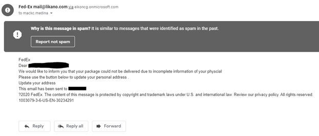 Beispiel für eine Scam-Nachricht, bei der behauptet wird, ein Paket hätte nicht zugestellt werden können, mit der Bitte um Aktualisierung der Adresse