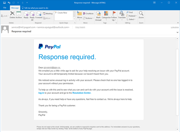 Beispiel einer Spoofing-Mail, die aussieht, als wäre sie von PayPal.