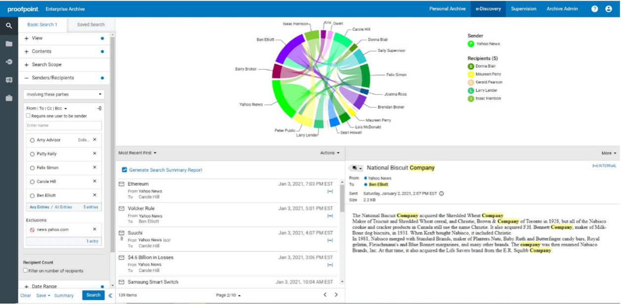 The Network with List view enables you to easily view connections between senders and receivers from your search results.