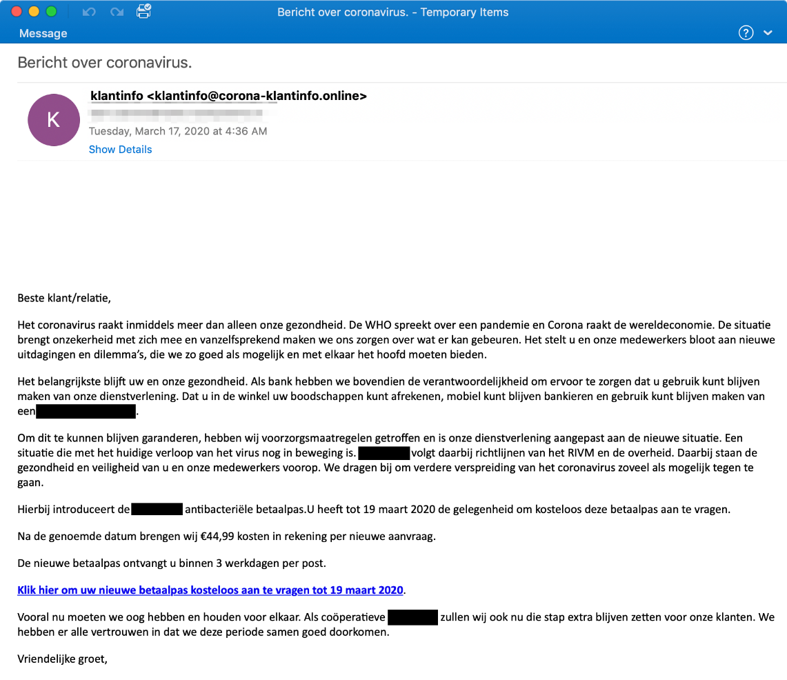 Figure 5 Credential Phishing Lure in Dutch for Netherlands Bank