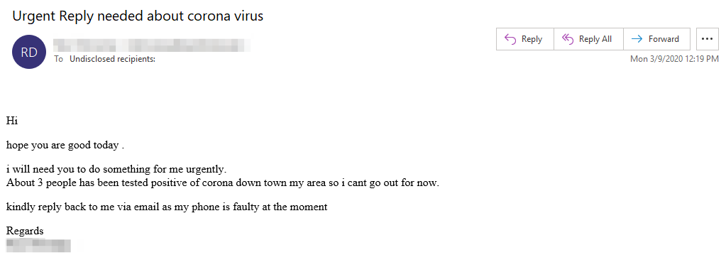 Coronavirus BEC Email Example