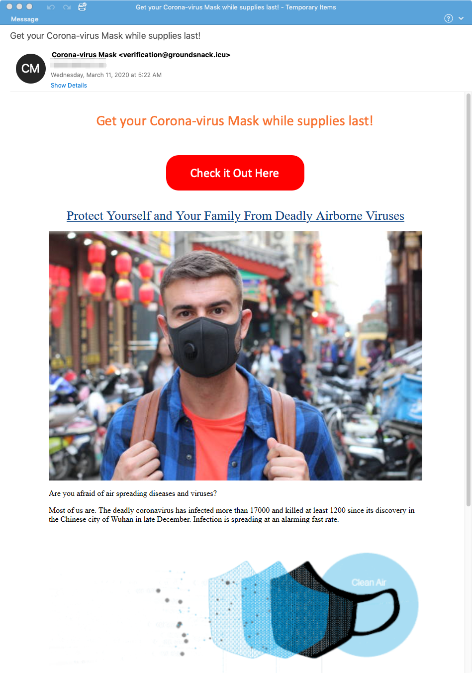 Corornavirus Mask For Sale Spam Email Example