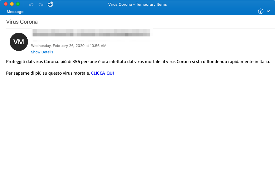 Italian Coronavirus Phishing Email Example