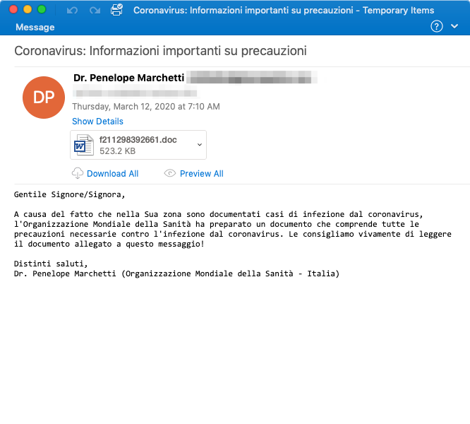 Coronavirus Malware Email Lure Example