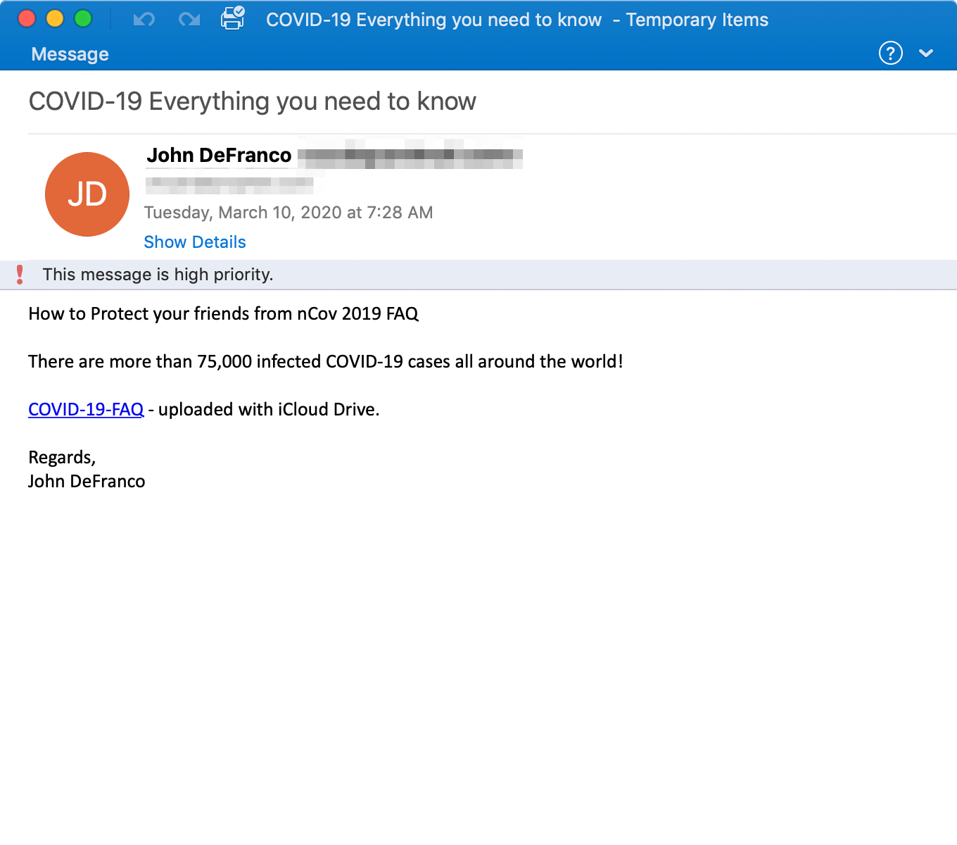 COVID-19 TA505 Fake FAQ Phishing Email Example
