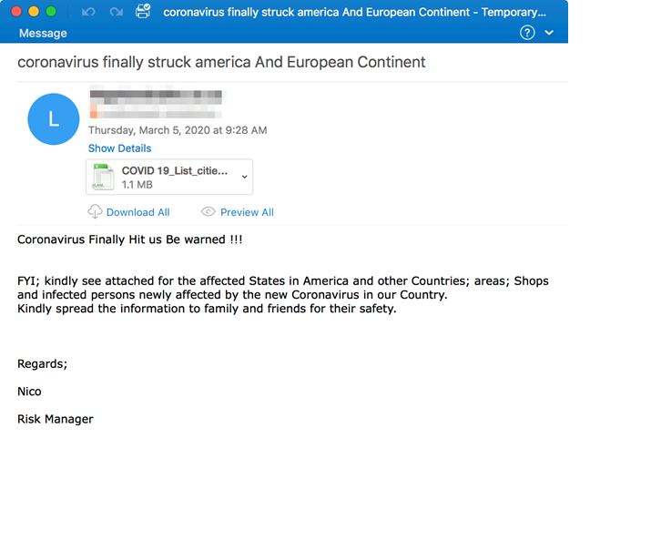 GuLoader Coronavirus Phishing Email Example
