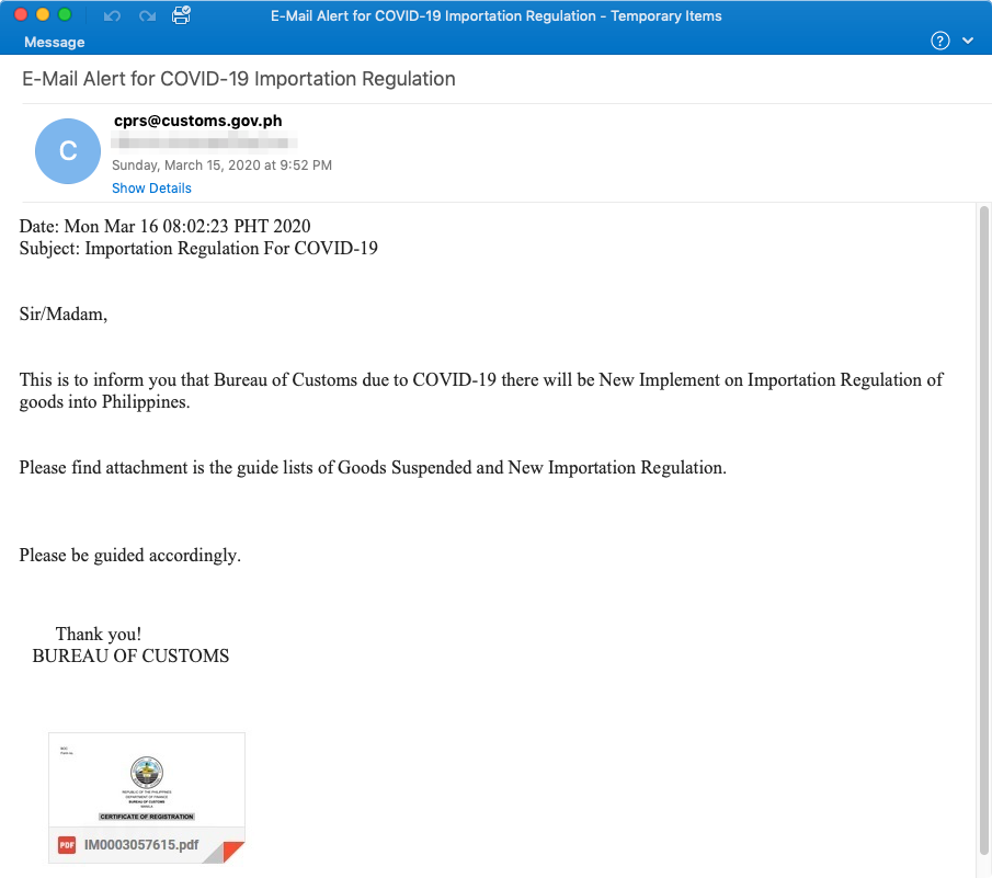 Phillippine Customs COVID-19 Phishing Email Example