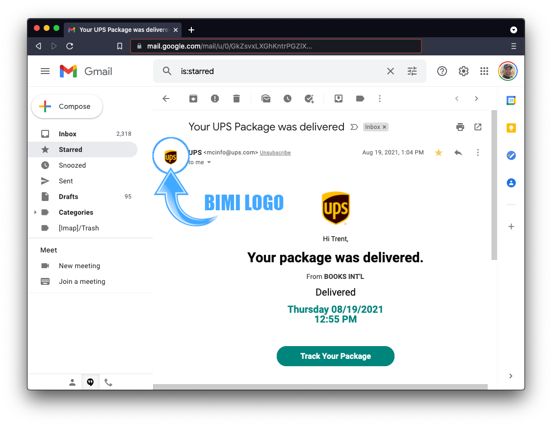 Gmail-Posteingang mit geöffneter E-Mail von UPS, die neben der UPS-Absenderadresse das UPS-Logo anzeigt.