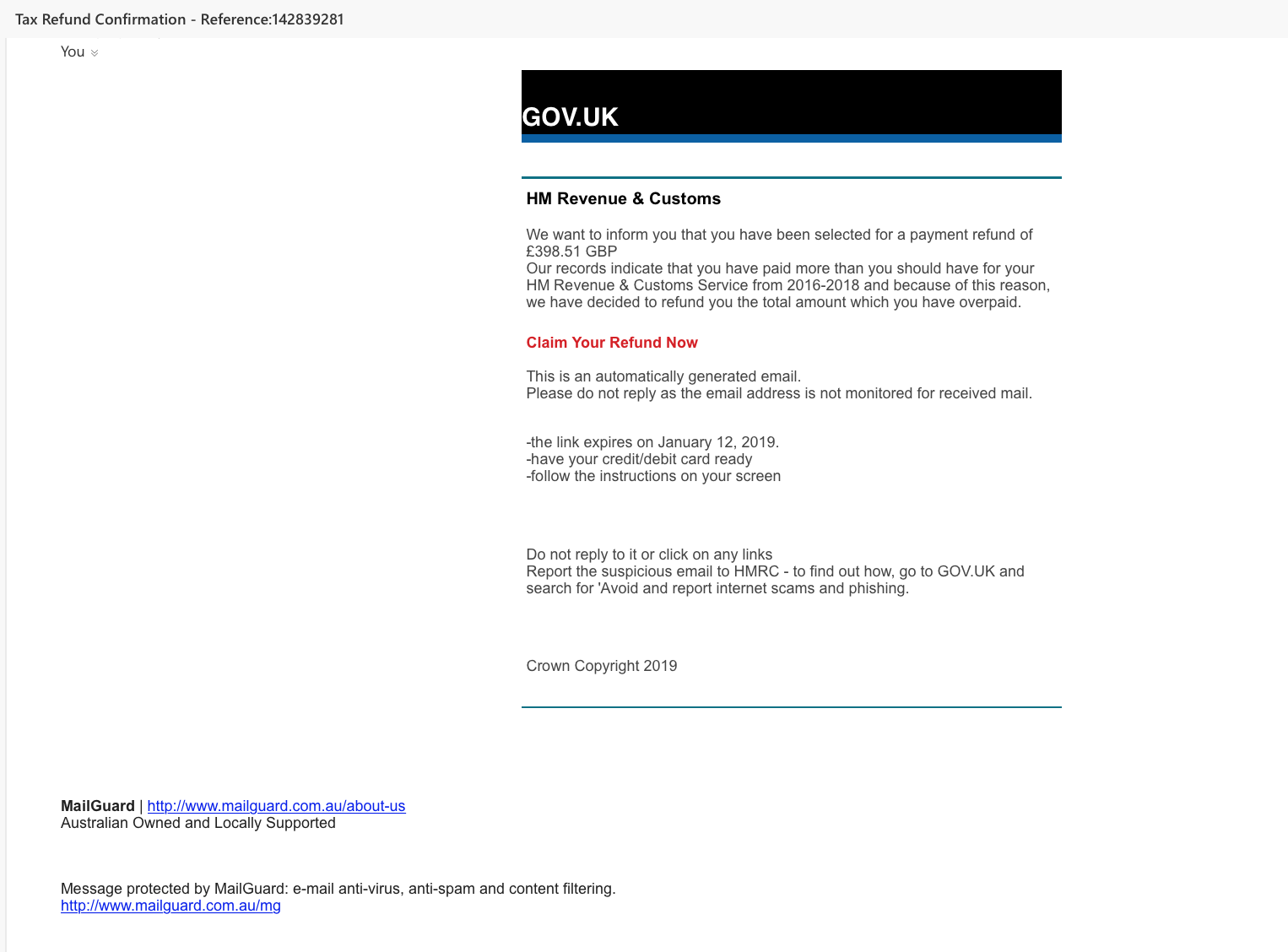 Example of HM Revenue and Customs scam email