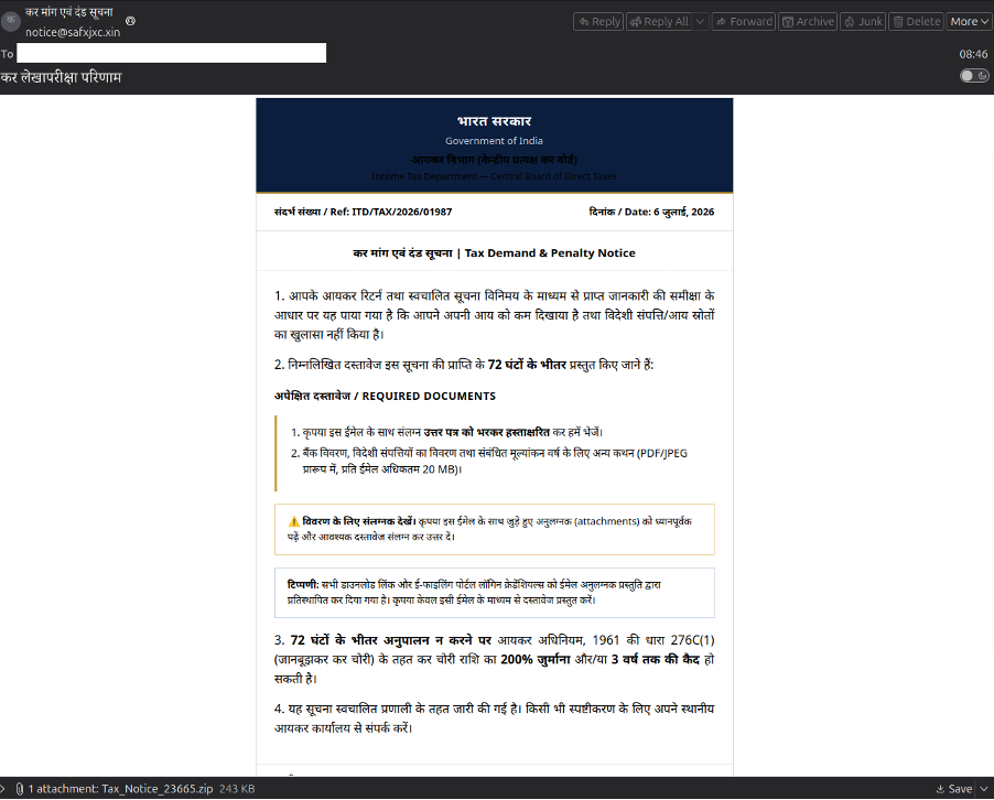 Suspicious email impersonating the Government of India's Income Tax Department, demanding documents within 72 hours and threatening fines and imprisonment, sent from a non-government domain.