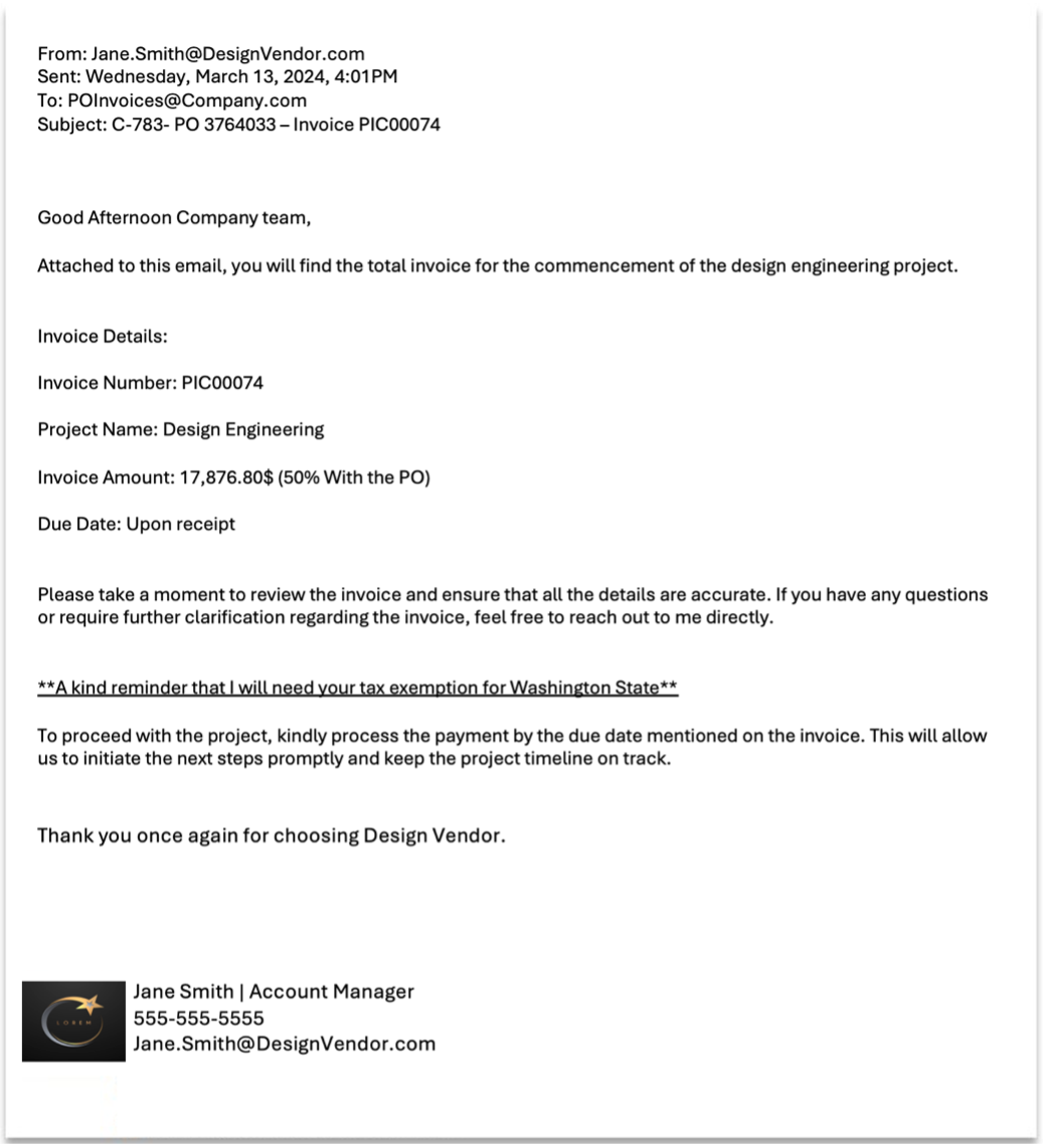 The initial email sent from the design supplier. 