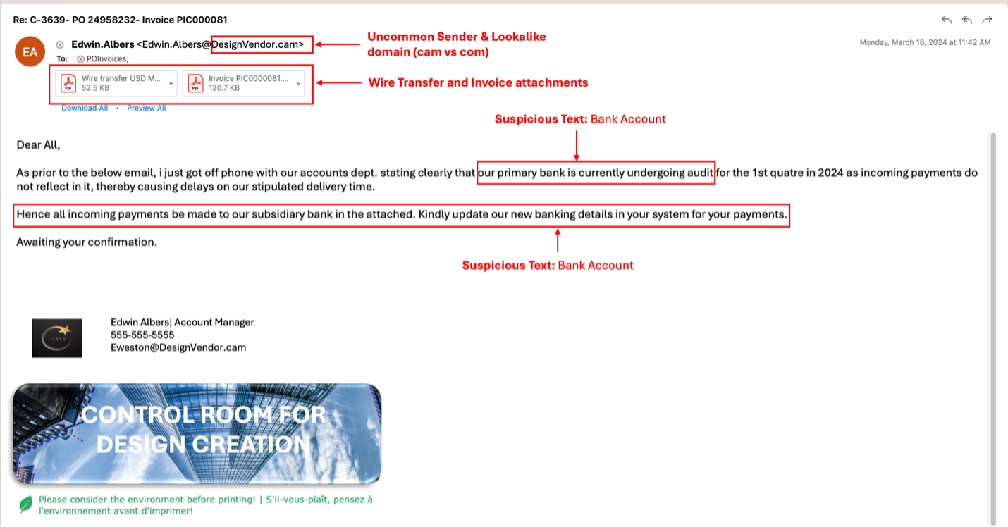 An email sent to mimic the supplier, using a lookalike domain.