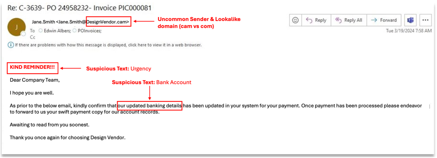 A follow up email impersonating the design vendor using a lookalike domain.