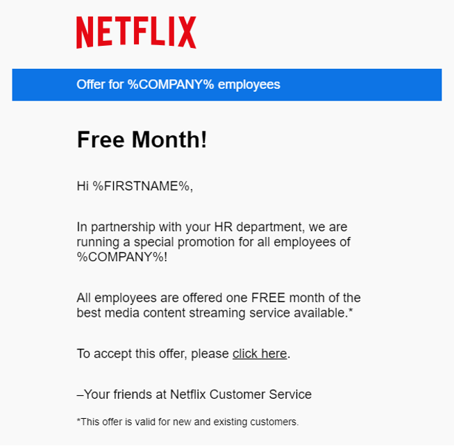 Netflix フィッシング攻撃シミュレーション メール テンプレート