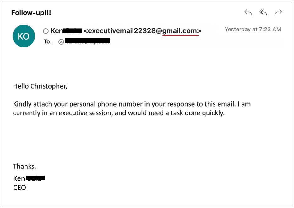 Example of a lure where the attacker uses display name spoofing to impersonate a CEO to get employee to respond to his email.