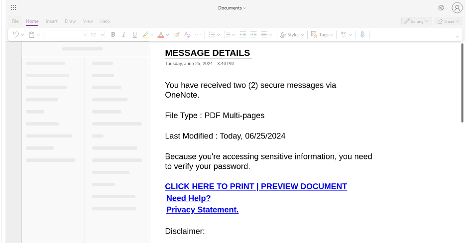 An example of a shared file that contains an embedded phishing URL that attackers use to steal recipients’ credentials after authentication.