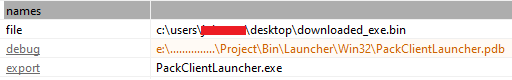 Metadata panel showing file, debug, and export paths for a binary named PackClientLauncher.exe, linking it to a downloaded executable on a user desktop.
