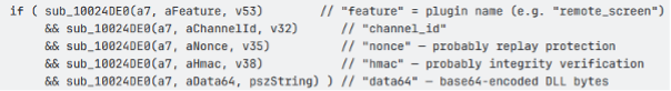 Decompiled code snippet showing a PackClient function validating plugin messages by checking channel ID, nonce, HMAC, and base64-encoded DLL bytes for integrity.