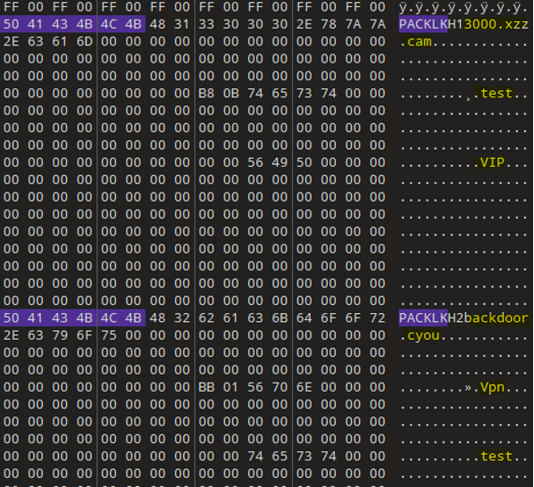 Hex dump of a malicious binary showing embedded PACKLKH strings alongside C2 domain references including "backdoor.cyou" and "xzz.ca."