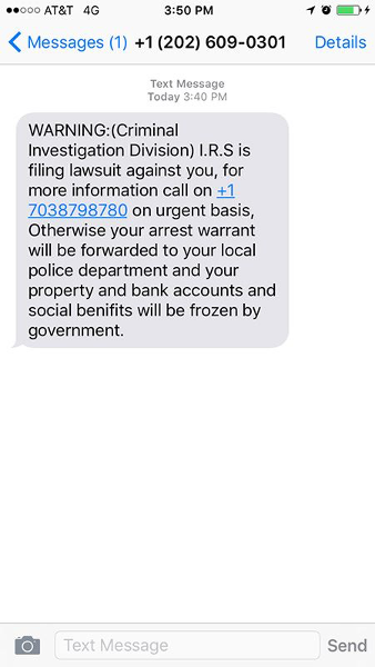 Ejemplo de ataque de smishing suplantando al IRS