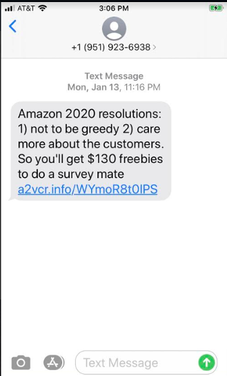 Exemple de phishing par SMS avec un sondage Amazon