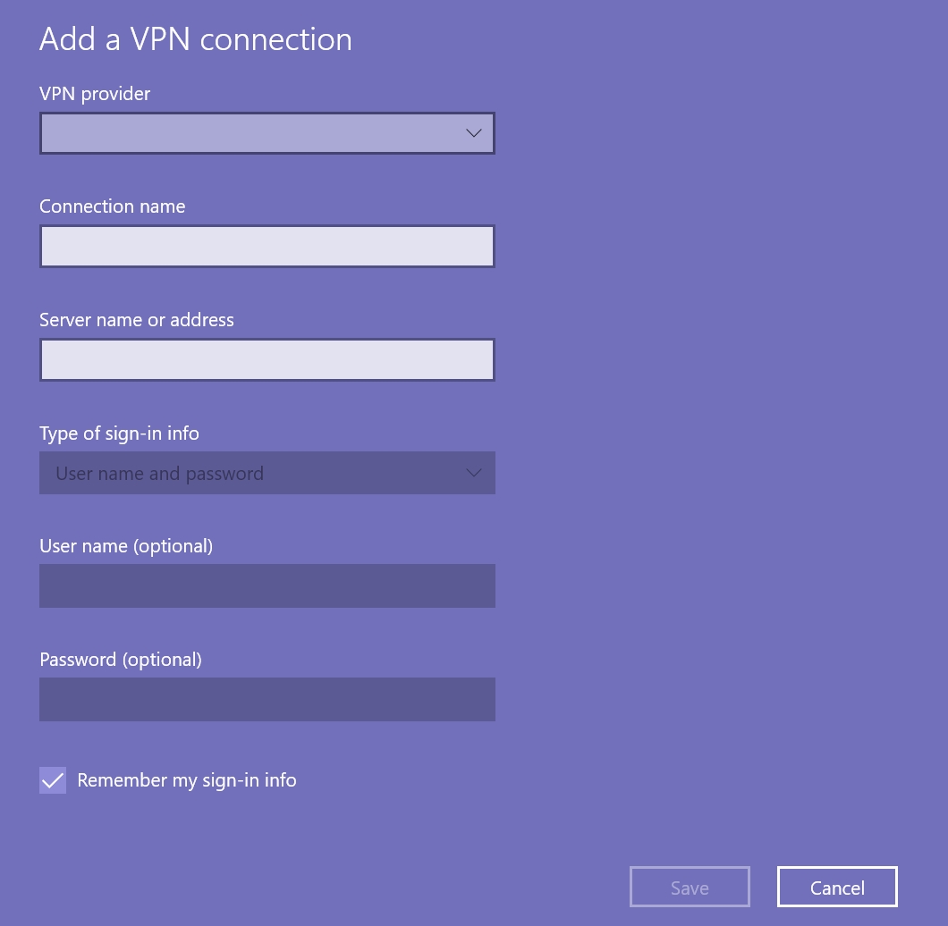 Windows Add a VPN Connection Configuration Window