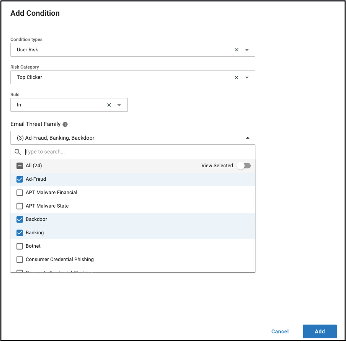 Configuración del grupo adaptable con las condiciones “User Risk” (Riesgo de usuario) y “Threat Family” (Familia de amenazas).