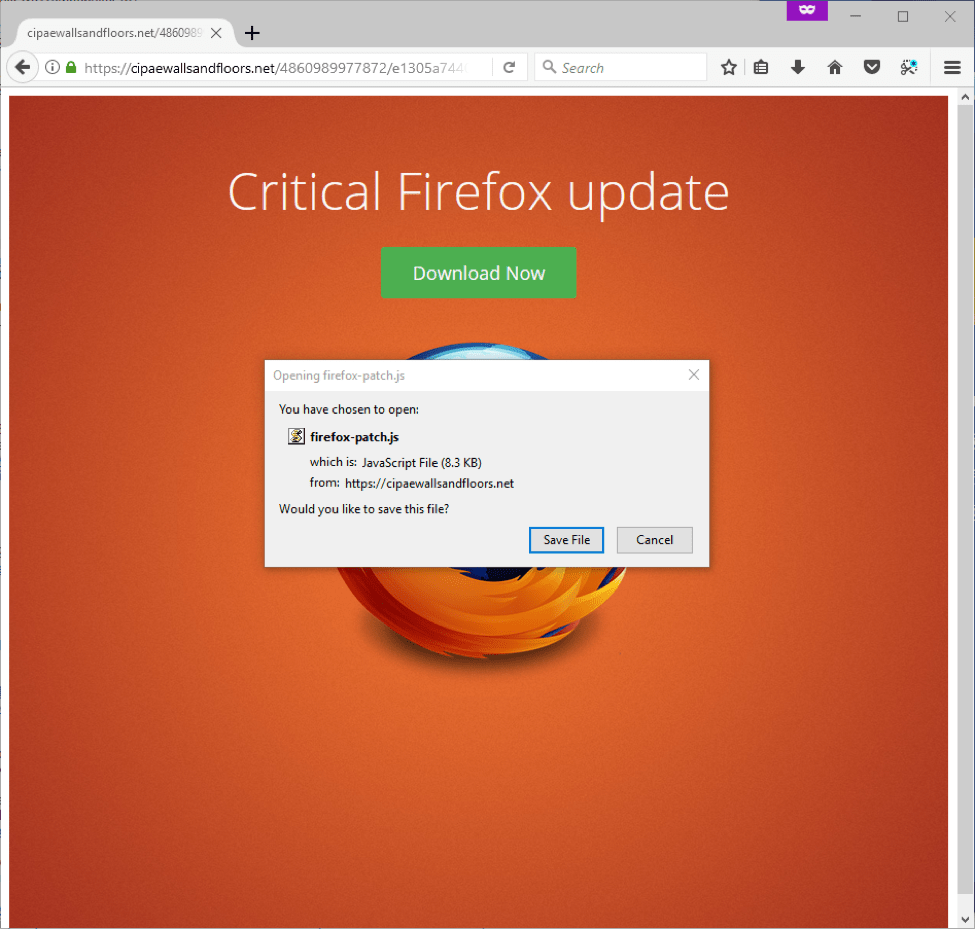 KovCoreG fake 'Critical Firefox update' drops firefox-patch.js file after click