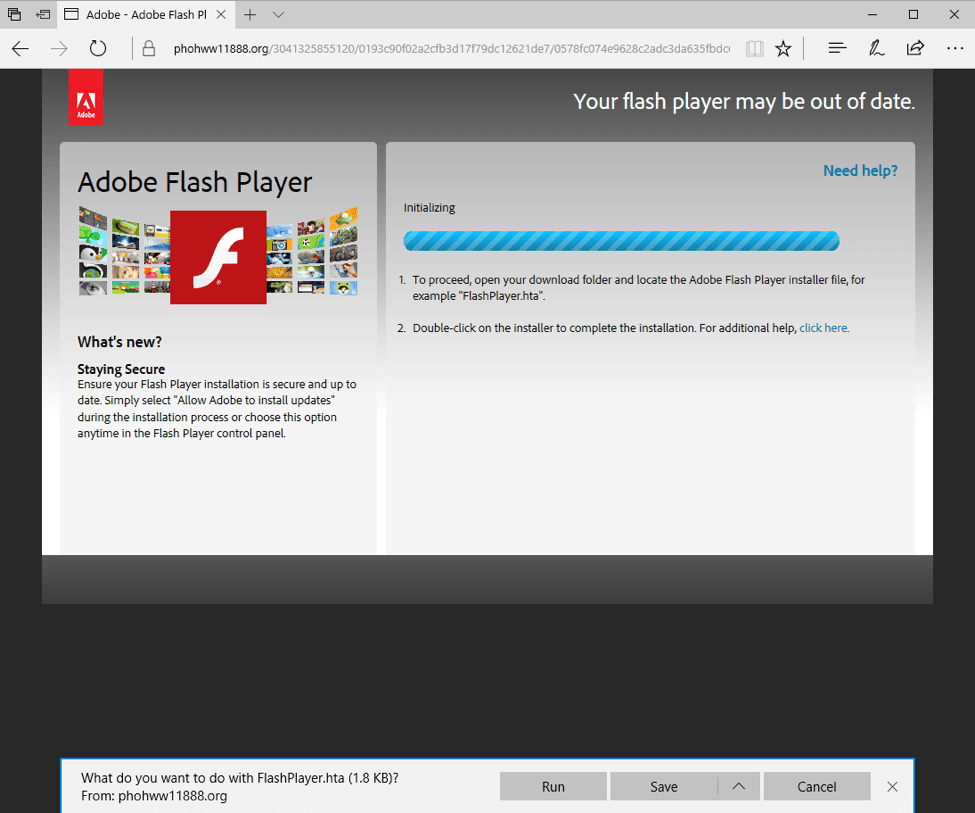 KovCoreG fake Adobe Flash Player update drops 'FlashPlayer.hta' file after click