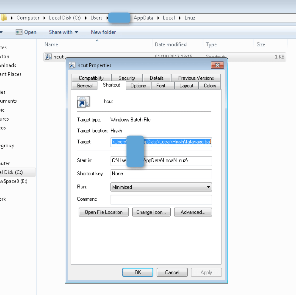 Kovter persistence mechanism artifact '(bat file)'