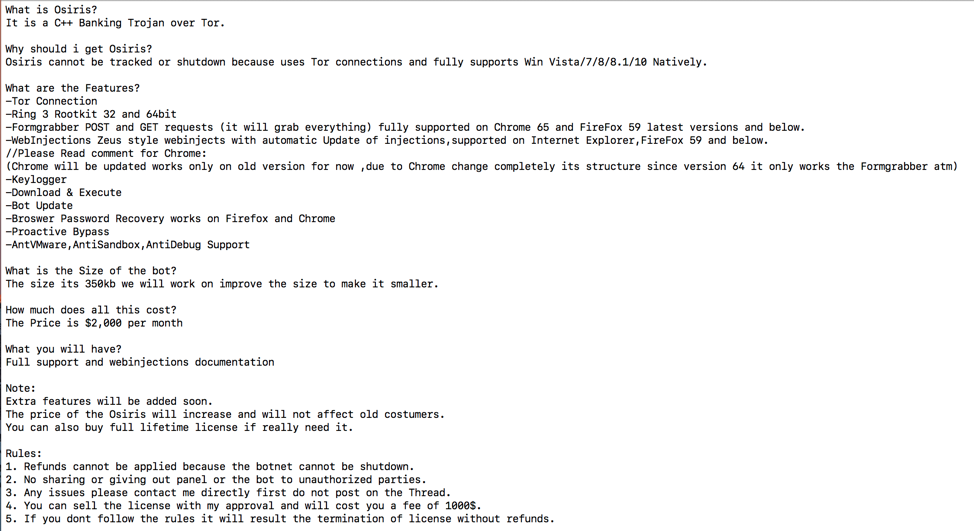 Text from ad for Osiris banking Trojan