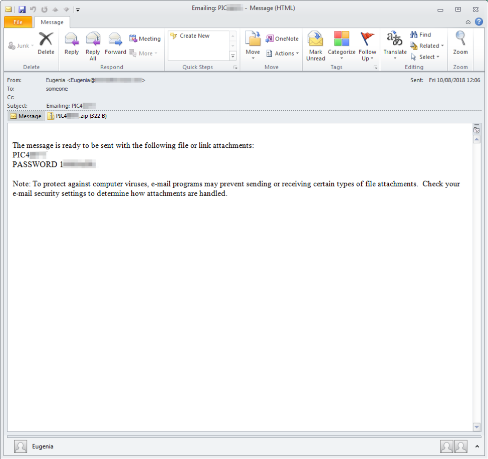 Message sample with password-protected zip attachment that contains .iqy file