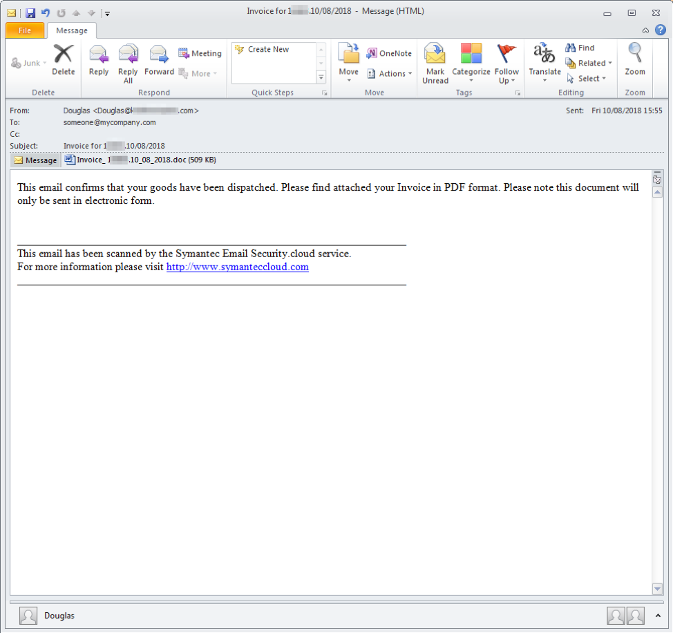 Message sample with Microsoft Word attachment with malicious macros