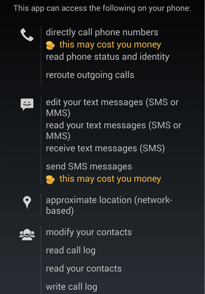 Screen 1 of the permissions requested by the malicious app