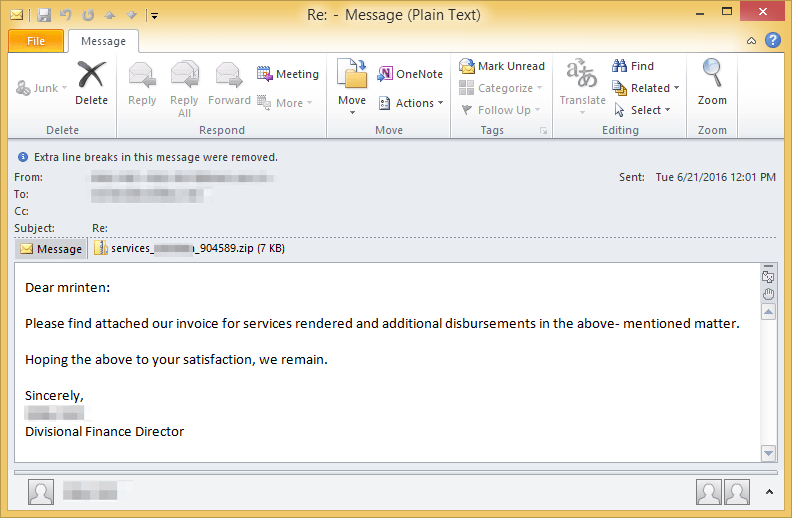 Email delivering zipped JavaScript distributing Locky ransomware