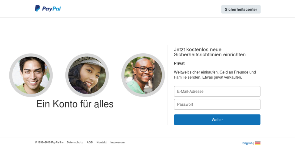Phishing template for PayPal credentials featuring stolen branding and design in German