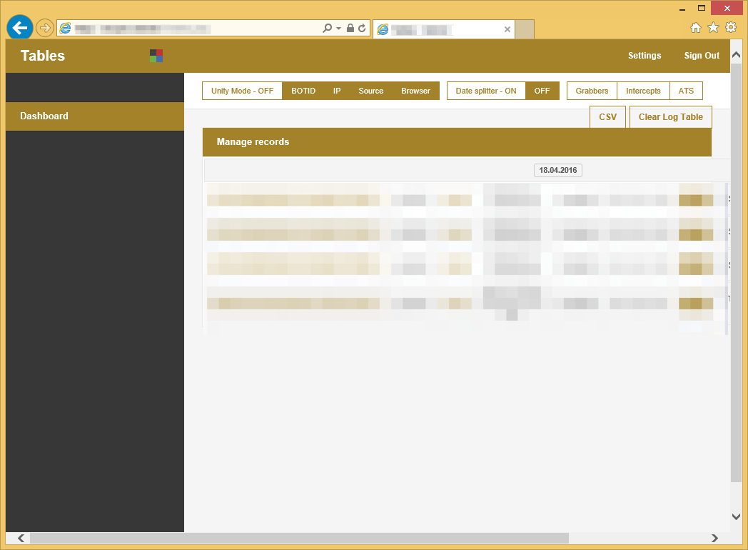 Web injects panel showcasing the Grabbers, Intercepts, and ATS options